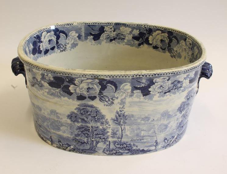 YORKSHIRE INTEREST BLUE AND WHITE PRINTED EARTHENWARE- A "Fountain Abbey" (sic) footbath of rounded Image