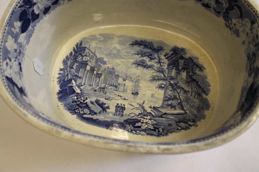 YORKSHIRE INTEREST BLUE AND WHITE PRINTED EARTHENWARE- A "Fountain Abbey" (sic) footbath of rounded Image