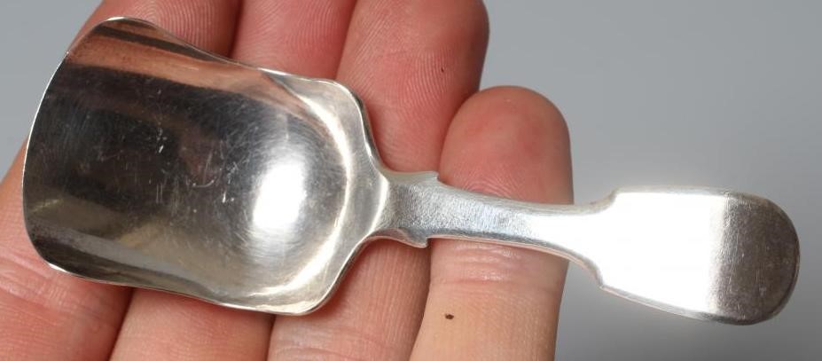 TWO VICTORIAN SILVER FIDDLE PATTERN CADDY SPOONS by George Unite Image