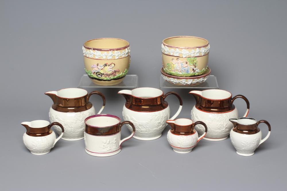 A PAIR OF ENOCH WOOD DRABWARE CACHE-POTS AND A MATCHING STAND Image