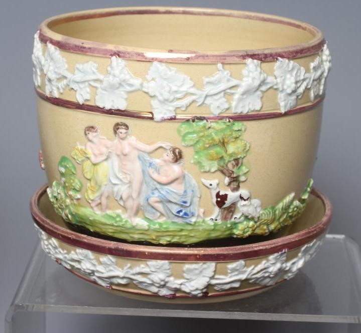 A PAIR OF ENOCH WOOD DRABWARE CACHE-POTS AND A MATCHING STAND Image