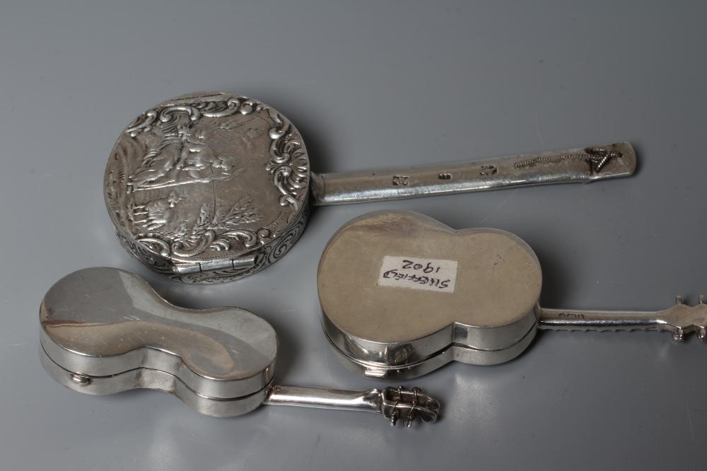 THREE MUSICAL INSTRUMENT NOVELTY BOXES comprising a silver guitar, Sheffield 1902, 3" long, an Image