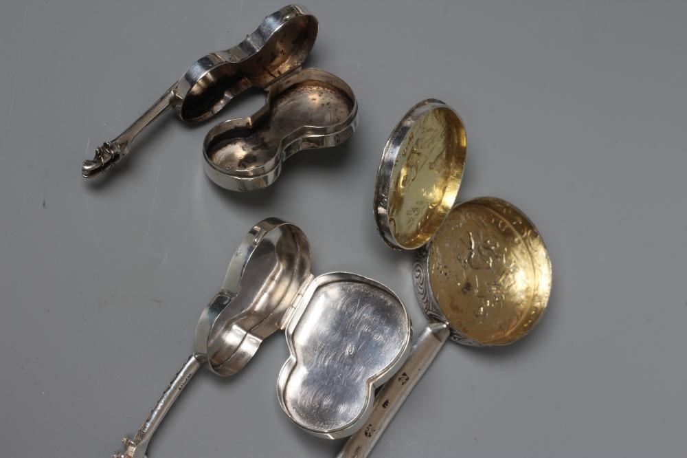 THREE MUSICAL INSTRUMENT NOVELTY BOXES comprising a silver guitar, Sheffield 1902, 3" long, an Image