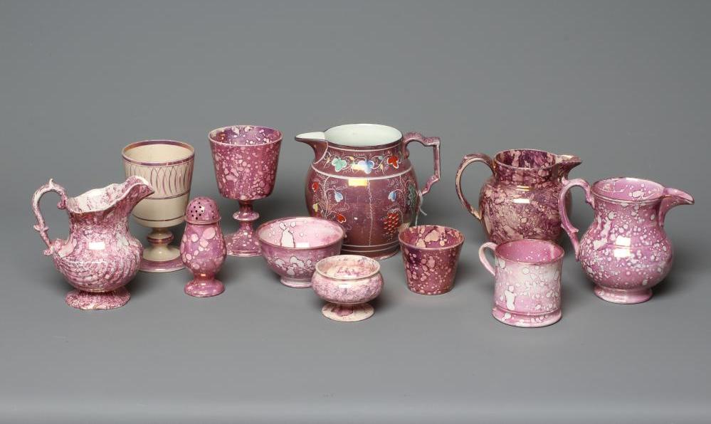 A COLLECTION OF PINK SPLASH LUSTRE POTTERY Image