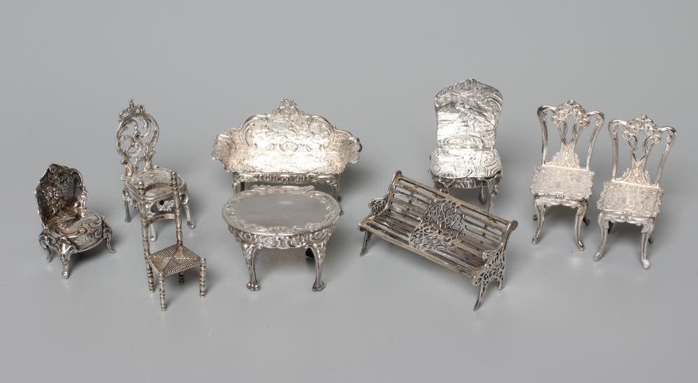 AN ELIZABETH II MINIATURE SILVER FOUR PIECE SALON SUITE by David Hollander & Son Image
