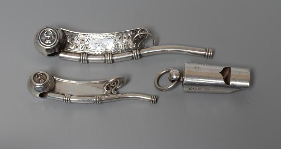 TWO SILVER BO'SUNS WHISTLES comprising one by Hilliard & Thomason Image