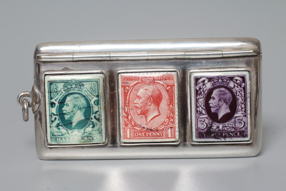 OF PHILATELIC INTEREST - A GEORGE V SILVER AND ENAMEL ENVELOPE STAMP CASE by Mappin & Webb Image