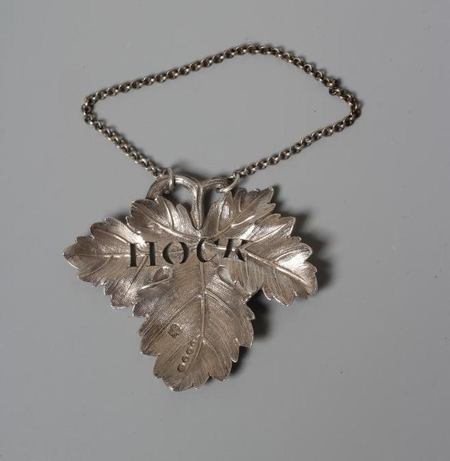 AN EARLY VICTORIAN SILVER HOCK LABEL by Smith, Nicholson & Co., London 1850, cast as a vine leaf, 2 Image