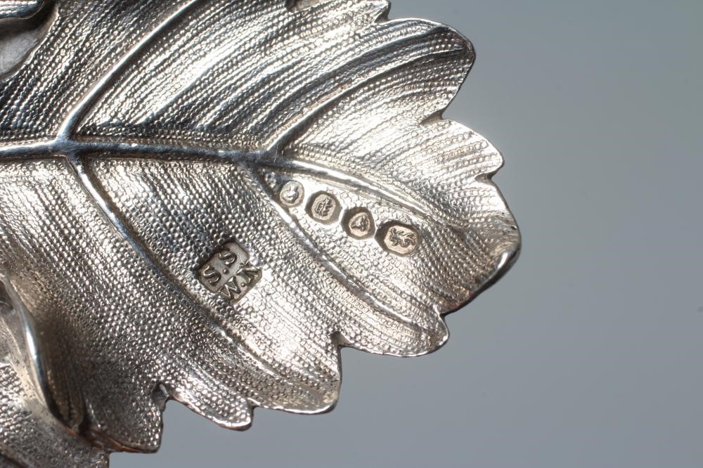 AN EARLY VICTORIAN SILVER HOCK LABEL by Smith, Nicholson & Co., London 1850, cast as a vine leaf, 2 Image