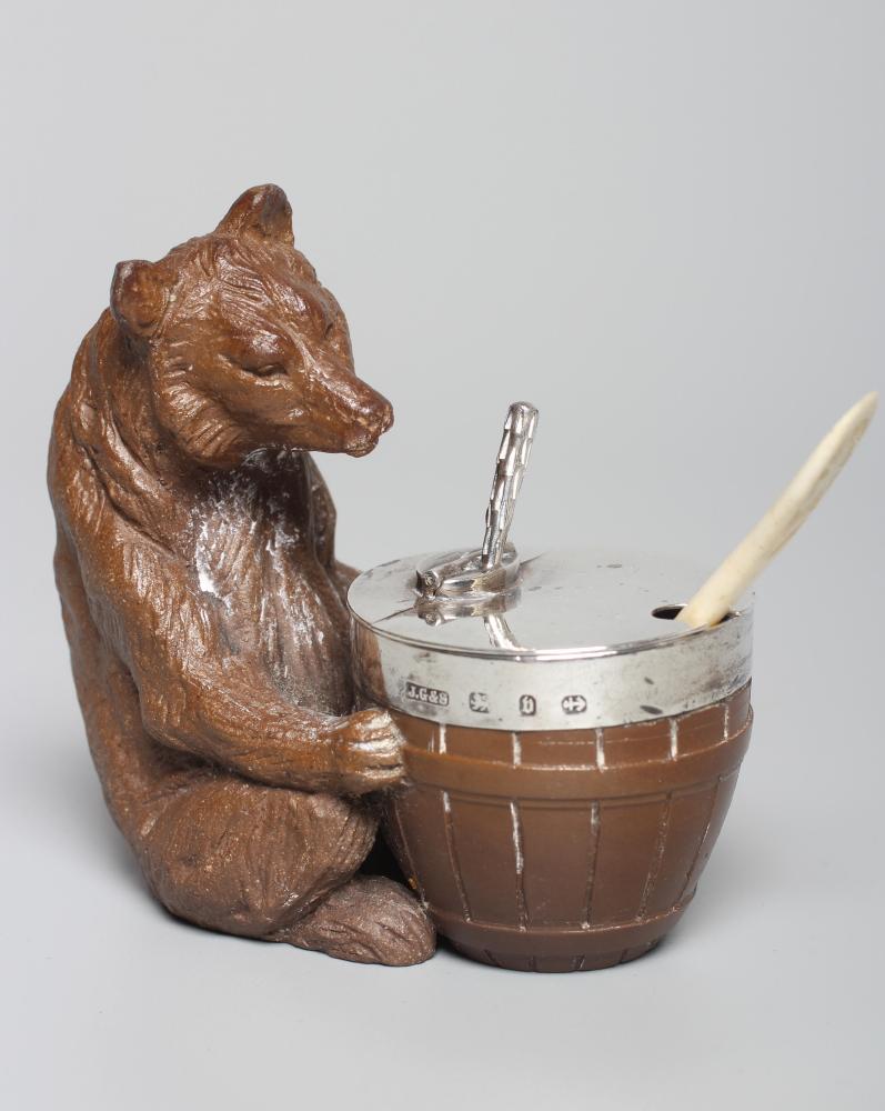 A LATE VICTORIAN SILVER MOUNTED DARK BROWN STONEWARE NOVELTY MUSTARD Image