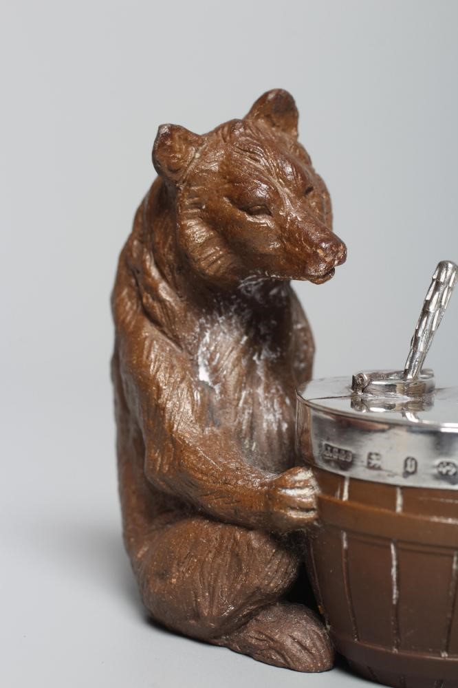 A LATE VICTORIAN SILVER MOUNTED DARK BROWN STONEWARE NOVELTY MUSTARD Image