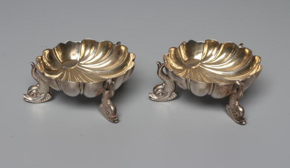 A PAIR OF VICTORIAN SILVER SHELL SALTS by Henry Hall & John Edward Bingham, Sheffield 1868, raised Image