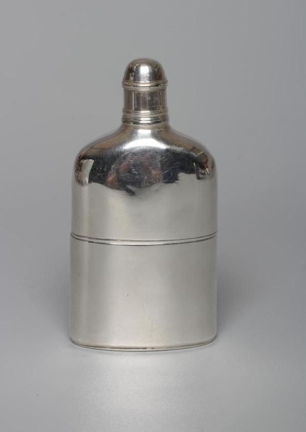 A GEORGE IV SILVER HIP FLASK by John Reily, London 1824, of plain oval section with cup base and Image