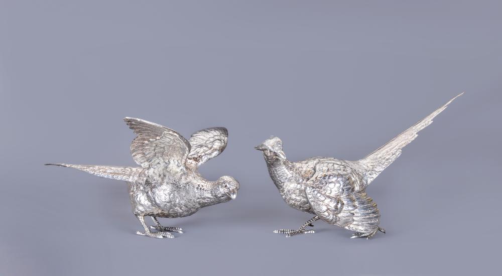 A PAIR OF ELIZABETH II SILVER PHEASANTS by Mappin & Webb Image
