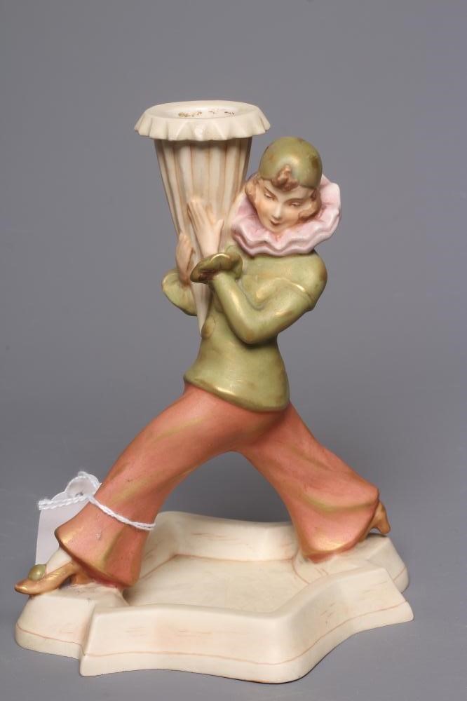 A PAIR OF ART DECO ROYAL DUX FIGURAL CANDLESTICKS modelled as Pierrot and Pierrette Image