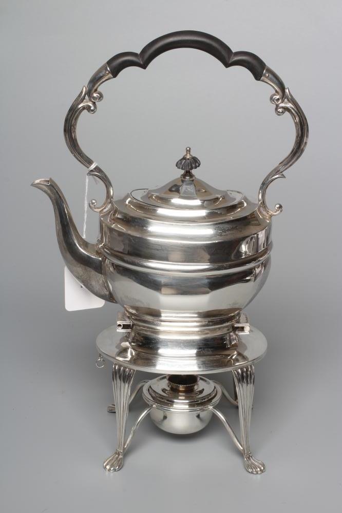A EDWARDIAN SILVER SMALL TEA KETTLE ON STAND WITH BURNER by William Aitken Image
