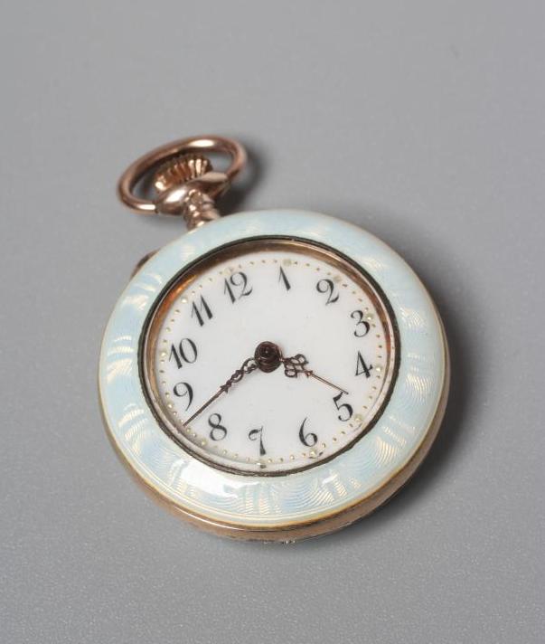 A LADY'S SILVER AND ENAMEL TOP WIND FOB WATCH Image