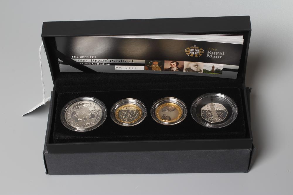 A SILVER FOUR COIN PROOF PIEDFORT SET, 2009, with one £5 coin, two £2 coins, and a Kew Gardens 50p, Image