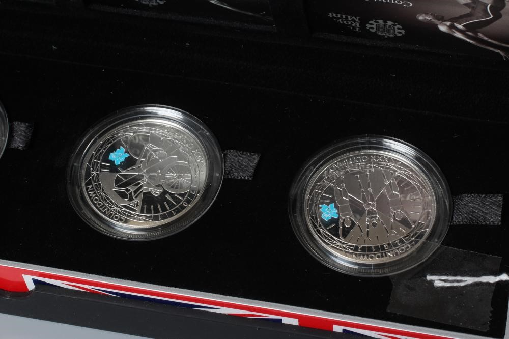 A SILVER FOUR £5 COIN "COUNTDOWN TO LONDON 2012" PIEDFORT SET, 2012, boxed Image