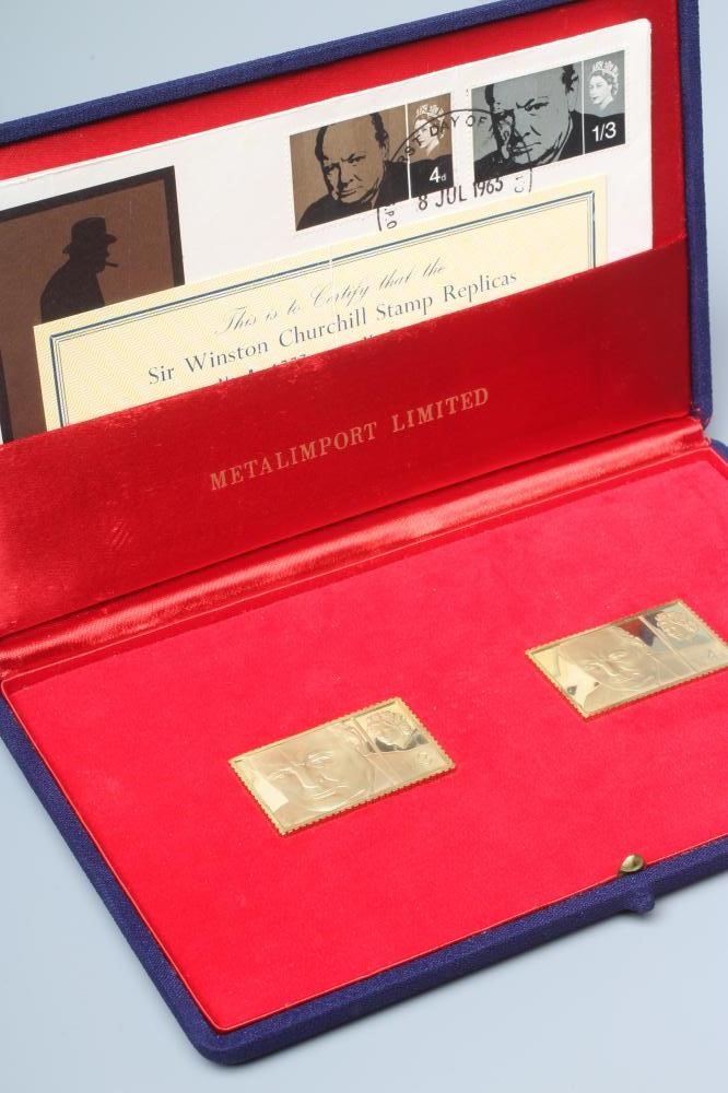 A SET OF TWO 18CT GOLD SIR WINSTON CHURCHILL REPLICA STAMPS comprising 1/- 3d (weighing 20.2g) and Image