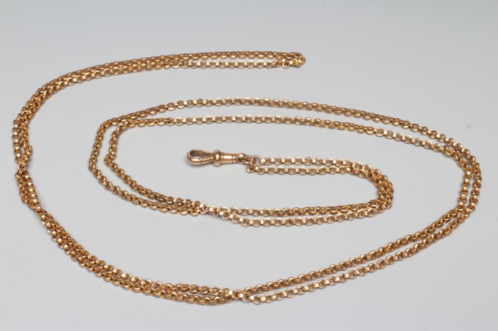 A GUARD CHAIN with plain circular links and dog-clip fastener, fastener stamped 9ct and small Image