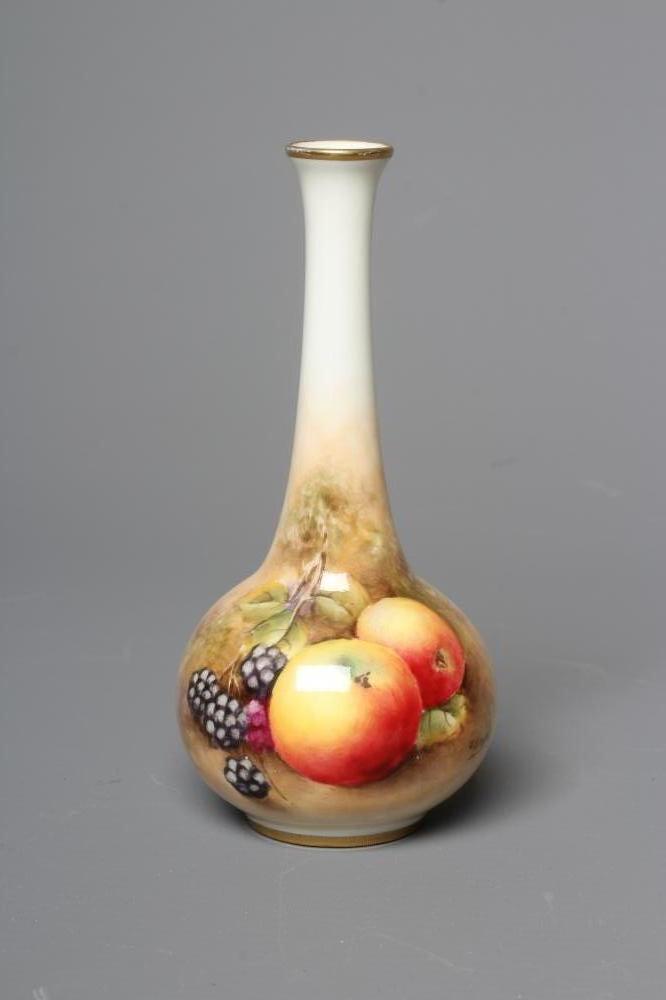 A ROYAL WORCESTER SMALL BOTTLE VASE, 1952, painted by R Smith with a still life vignette of two Image