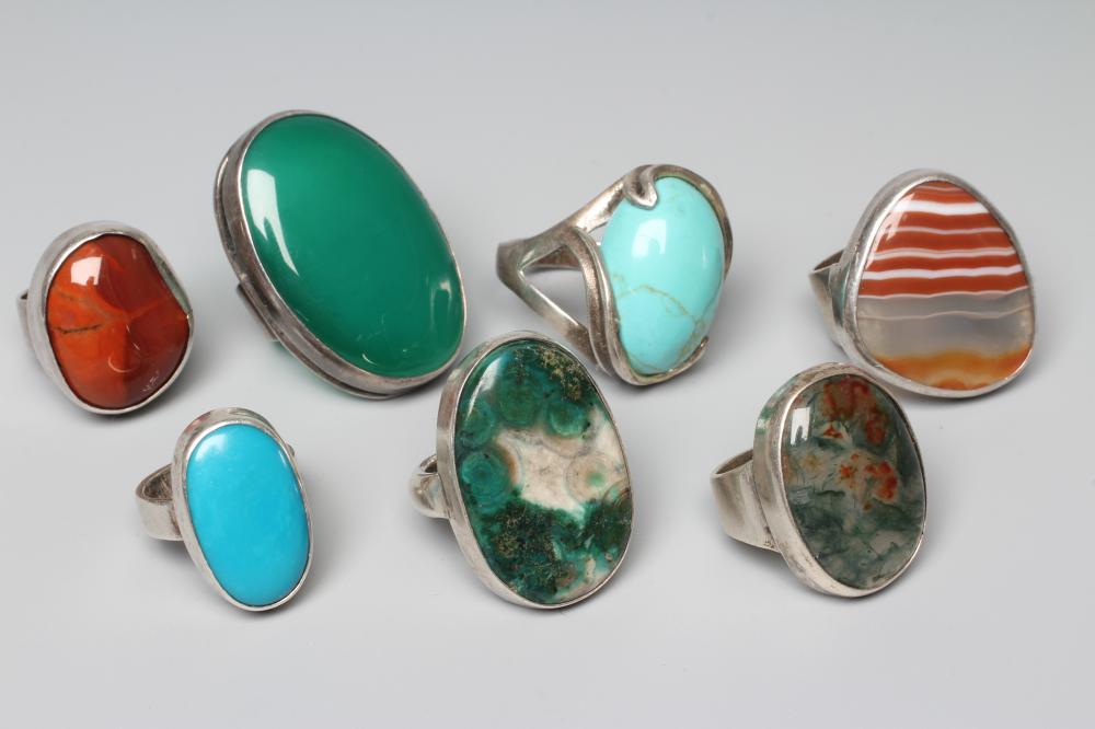 OF SCOTTISH INTEREST - THREE SILVER RINGS all set with polished hardstones Image