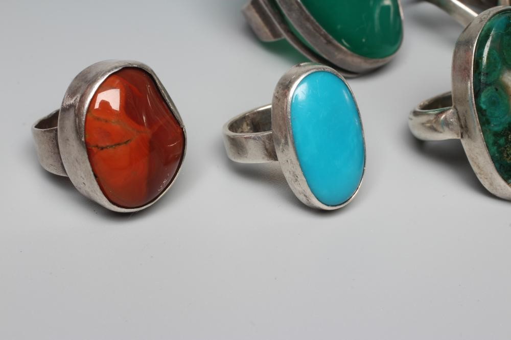 OF SCOTTISH INTEREST - THREE SILVER RINGS all set with polished hardstones Image