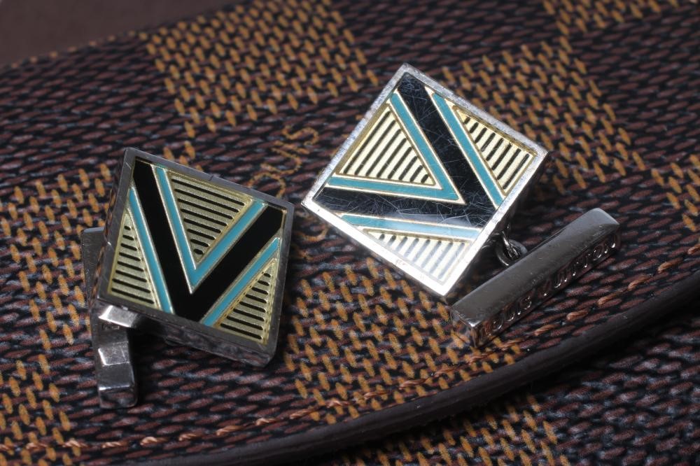 A PAIR OF LOUIS VUITTON SILVER CUFFLINKS, stamped Ag 925, the square panels with a black, green and Image
