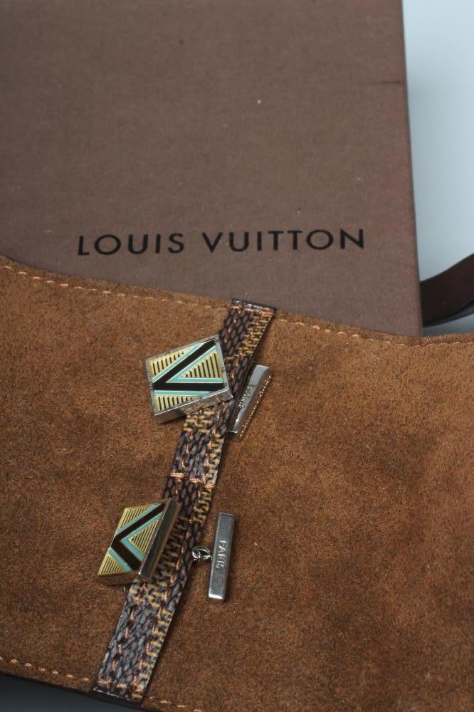 A PAIR OF LOUIS VUITTON SILVER CUFFLINKS, stamped Ag 925, the square panels with a black, green and Image