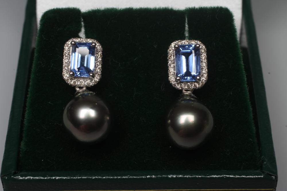 A PAIR OF BLACK PEARL AND SAPPHIRE DROP EAR STUDS Image