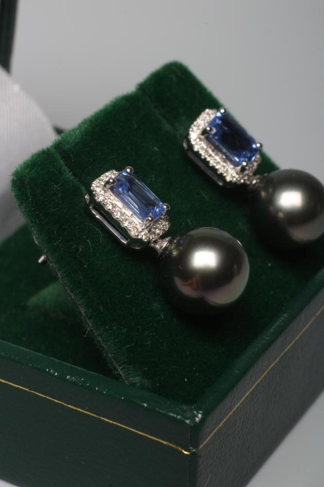 A PAIR OF BLACK PEARL AND SAPPHIRE DROP EAR STUDS Image