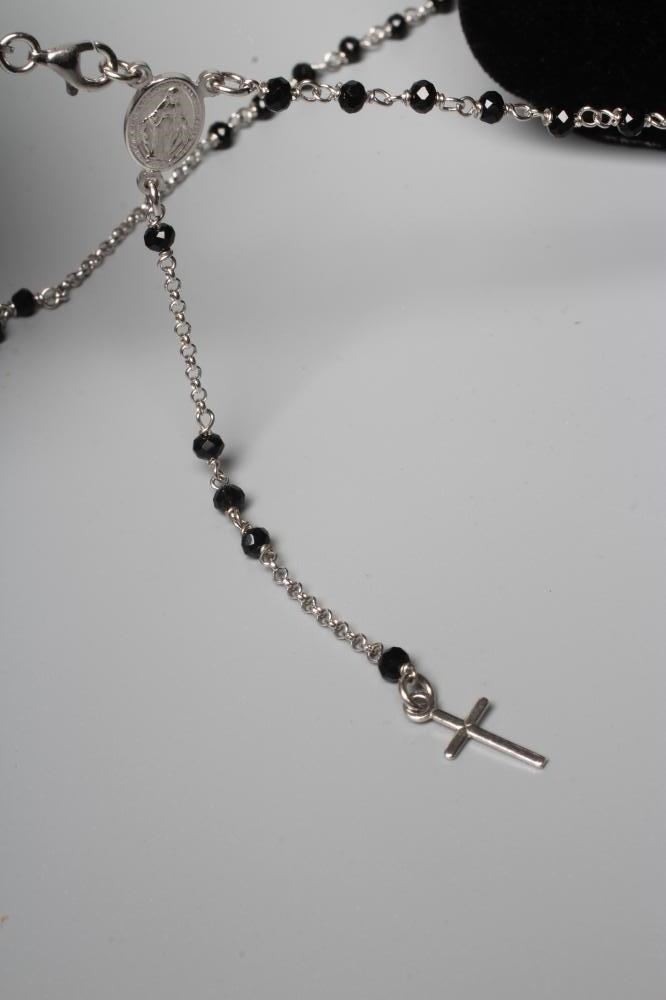 FIVE STONE SET SILVER PENDANTS including a leaf and a black glass bead rosary Image