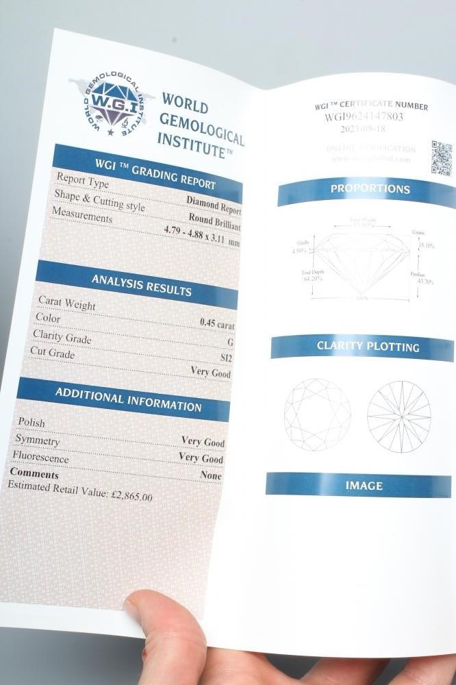 AN UNMOUNTED ROUND BRILLIANT CUT DIAMOND, certified 0.45cts, colour G, clarity SI2, security sealed Image