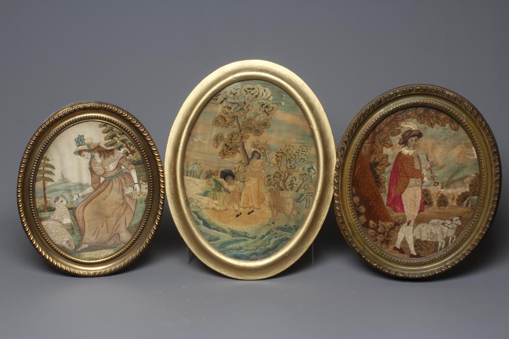 A REGENCY SILK EMBROIDERY worked with a young lady carrying Image