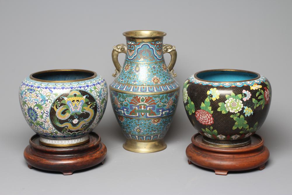 A COLLECTION OF EARLY 20TH CENTURY CHINESE BRASS CLOISONNE ENAMEL comprising of two jardinières Image