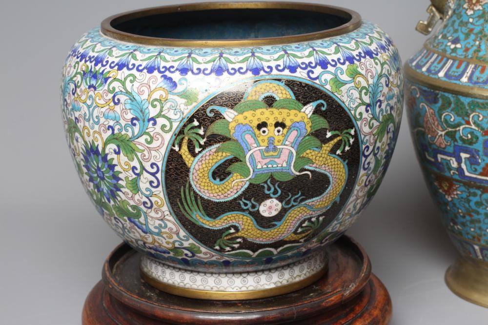 A COLLECTION OF EARLY 20TH CENTURY CHINESE BRASS CLOISONNE ENAMEL comprising of two jardinières Image