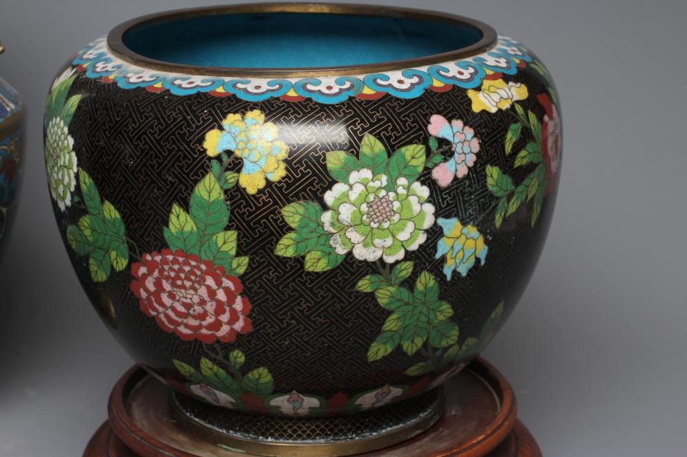 A COLLECTION OF EARLY 20TH CENTURY CHINESE BRASS CLOISONNE ENAMEL comprising of two jardinières Image