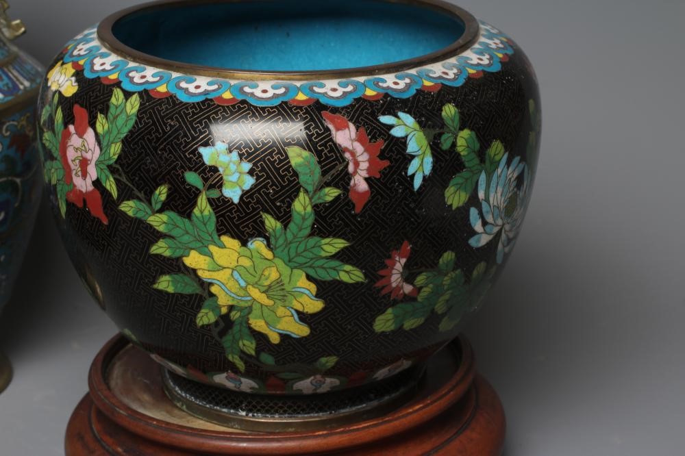 A COLLECTION OF EARLY 20TH CENTURY CHINESE BRASS CLOISONNE ENAMEL comprising of two jardinières Image