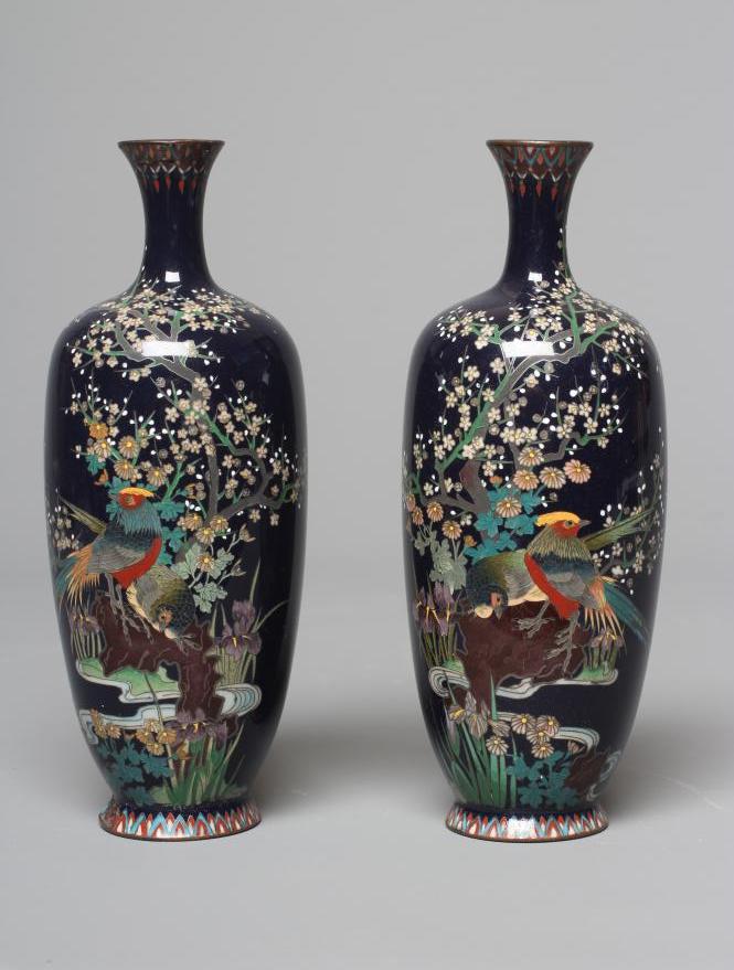 A PAIR OF JAPANESE CLOISONNE ENAMEL VASES, Mejii period, of baluster form decorated with exotic Image