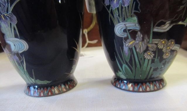A PAIR OF JAPANESE CLOISONNE ENAMEL VASES, Mejii period, of baluster form decorated with exotic Image