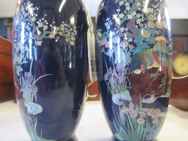 A PAIR OF JAPANESE CLOISONNE ENAMEL VASES, Mejii period, of baluster form decorated with exotic Image