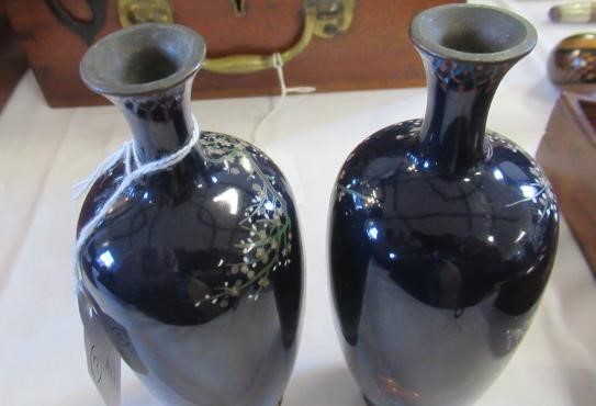 A PAIR OF JAPANESE CLOISONNE ENAMEL VASES, Mejii period, of baluster form decorated with exotic Image