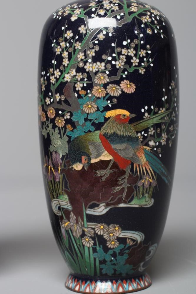A PAIR OF JAPANESE CLOISONNE ENAMEL VASES, Mejii period, of baluster form decorated with exotic Image