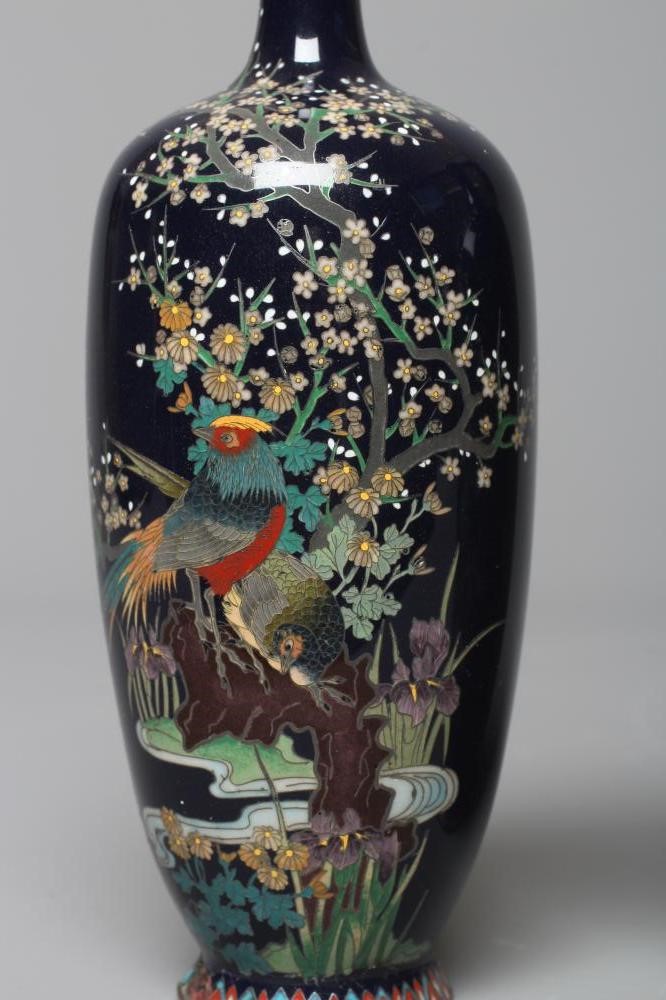 A PAIR OF JAPANESE CLOISONNE ENAMEL VASES, Mejii period, of baluster form decorated with exotic Image