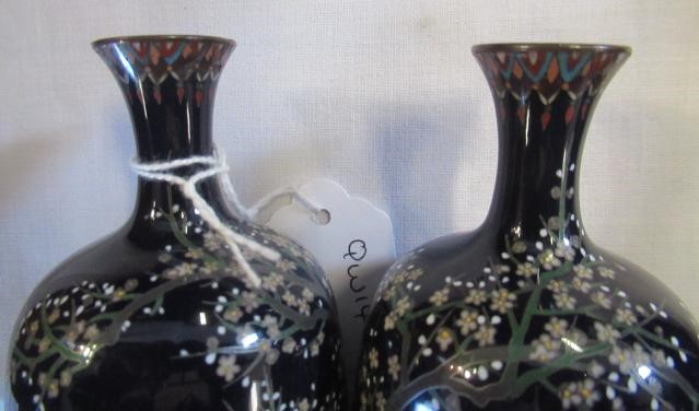 A PAIR OF JAPANESE CLOISONNE ENAMEL VASES, Mejii period, of baluster form decorated with exotic Image