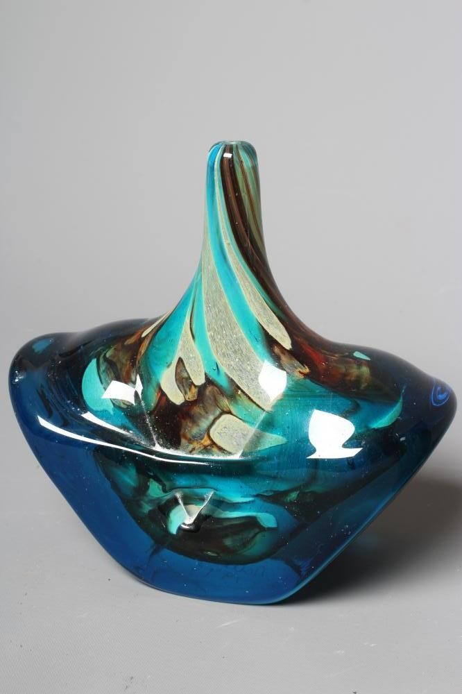 A MDINA GLASS ICE CUT FISH VASE, 1975, with brown, amber and turquoise internal striations, Image