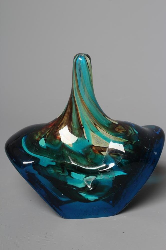 A MDINA GLASS ICE CUT FISH VASE, 1975, with brown, amber and turquoise internal striations, Image