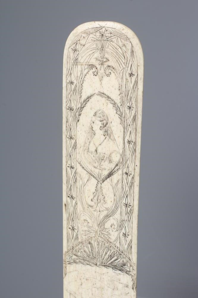 AN EARLY 19TH CENTURY BONE BUSK, the fascia incised and stained black with a brigand holding a loft Image