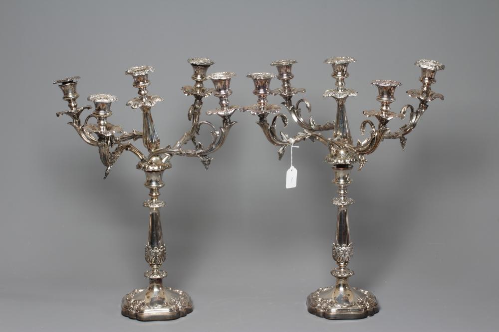 A LARGE PAIR OF VICTORIAN OLD SHEFFIELD PLATE FOUR BRANCH FIVE LIGHT CANDELABRA Image
